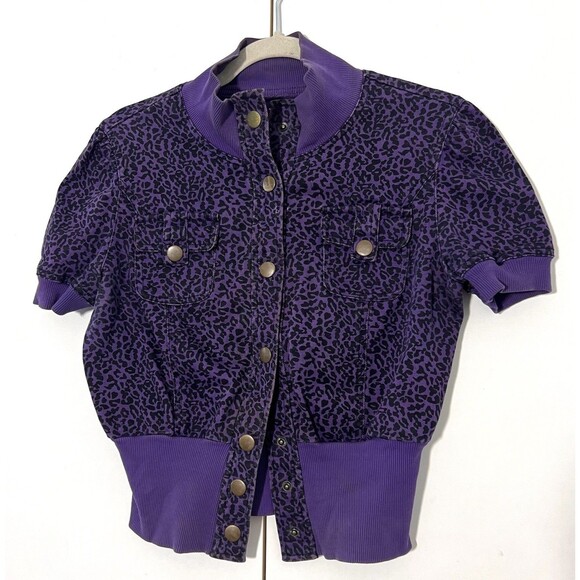 Max Rave Jacket Womens XS Purple Cheetah Print Short Sleeve Snap Closure Y2K - Picture 1 of 9